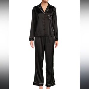 Juicy Couture Black Satin Pajama Set Rhinestone Logo Medium Long Sleeve Y2K 90s
